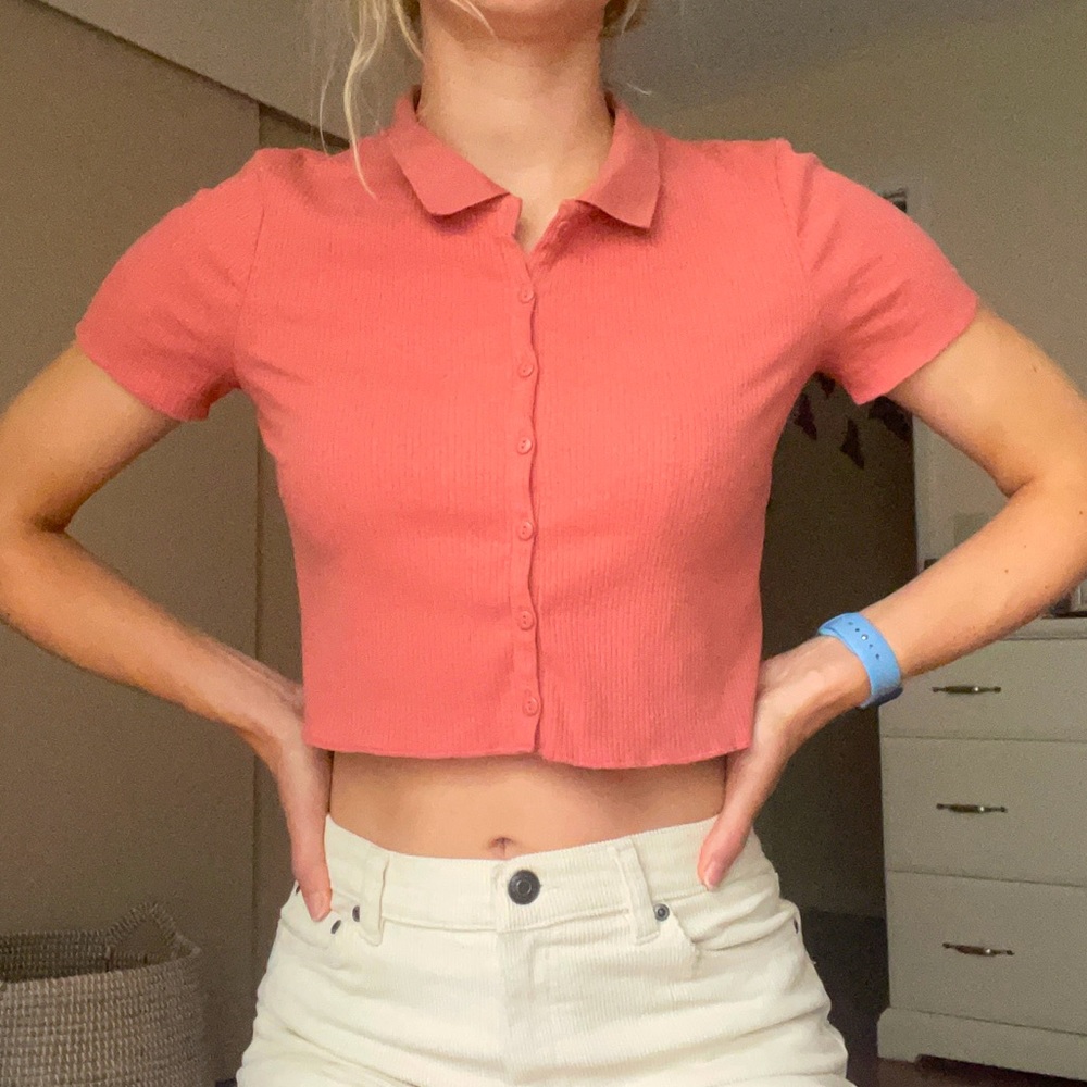 UO peach button up baby tee polo